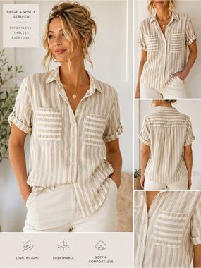 Universal Thread Beige and White Striped Button-Front Shirt